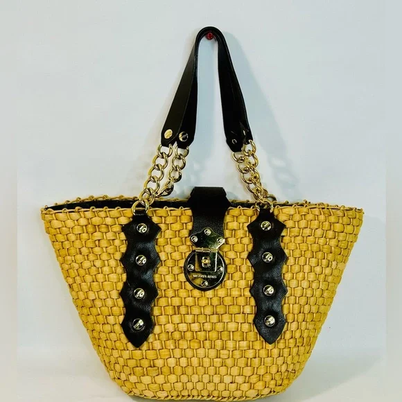 Michael Kors Santorini Raffia Woven Handbag Tote, Brown Leather/Gold Chain Strap - Picture 2 of 15